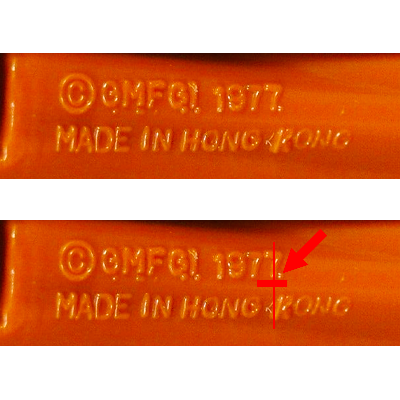 Var 3<br>- COO Made In Hong Kong<br>- Dot after 7, not below<br>- K aligned slightly to the right of 7