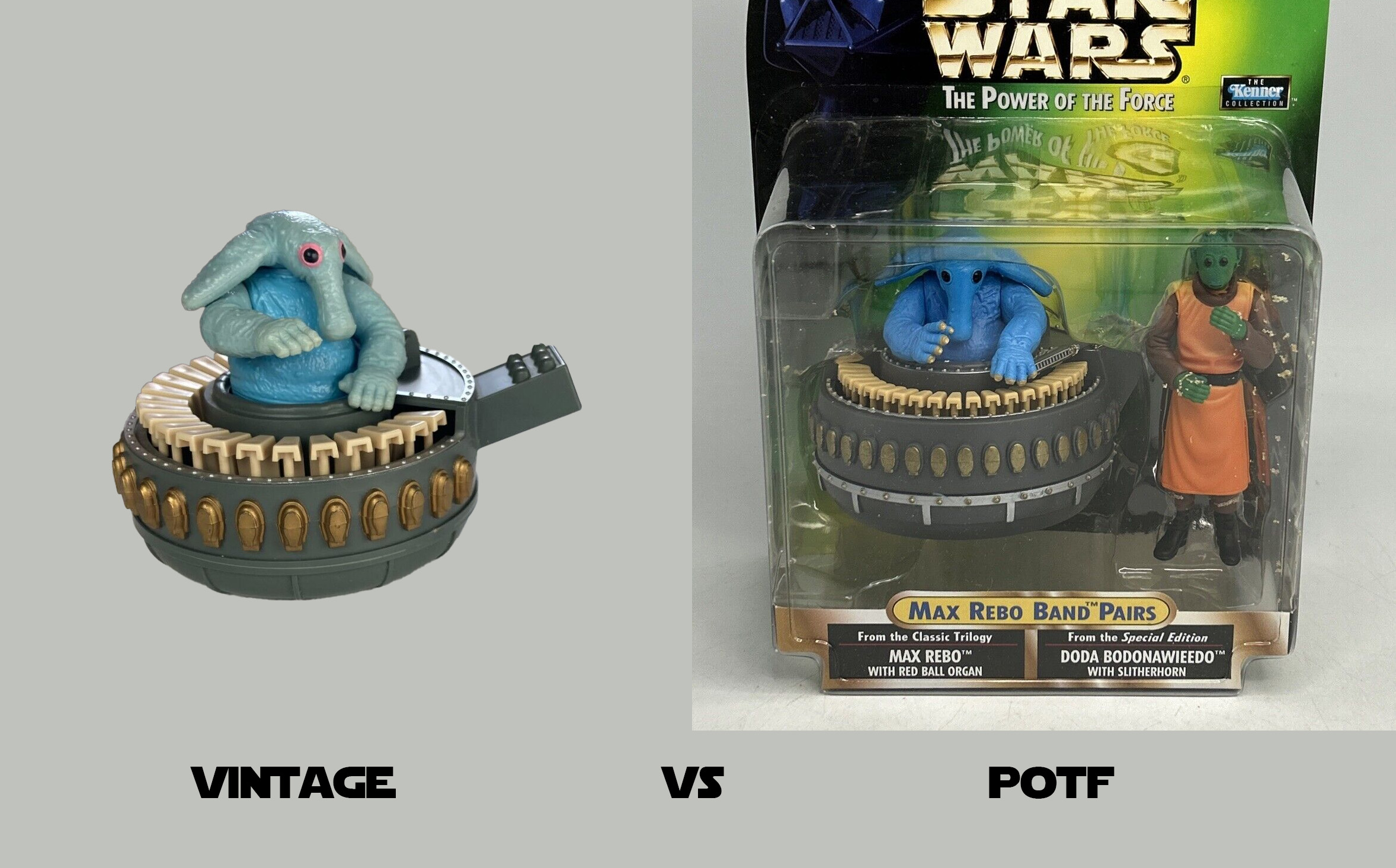 The differences between the vintage Star Wars Max Rebo and the later POTF version.