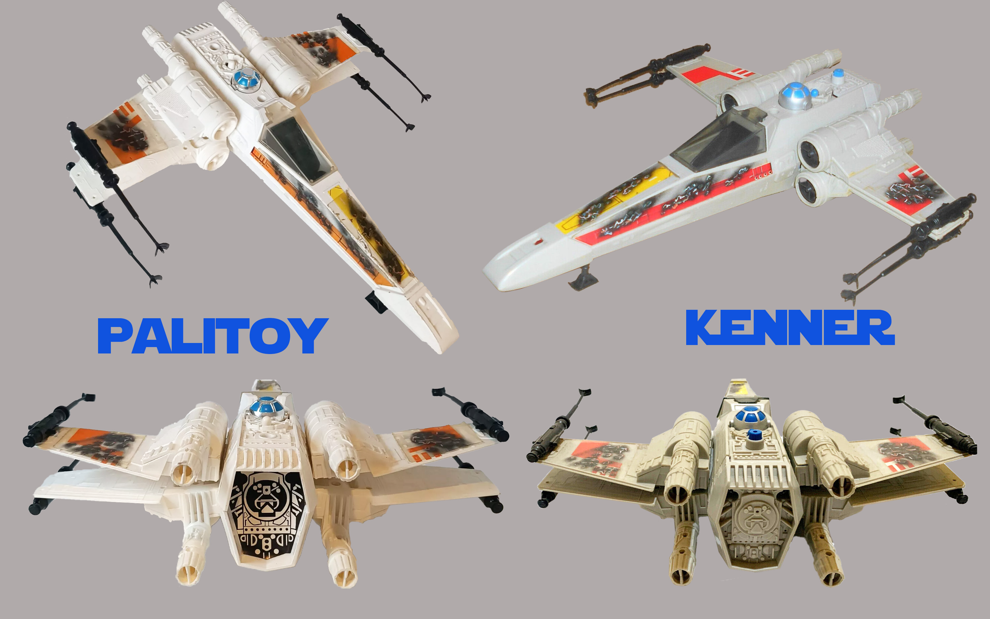 The Palitoy Battle Damaged X-Wing differs from the US released Battle Damaged X-Wings in a few ways, including a white body, a white button, and a rear sticker detail.