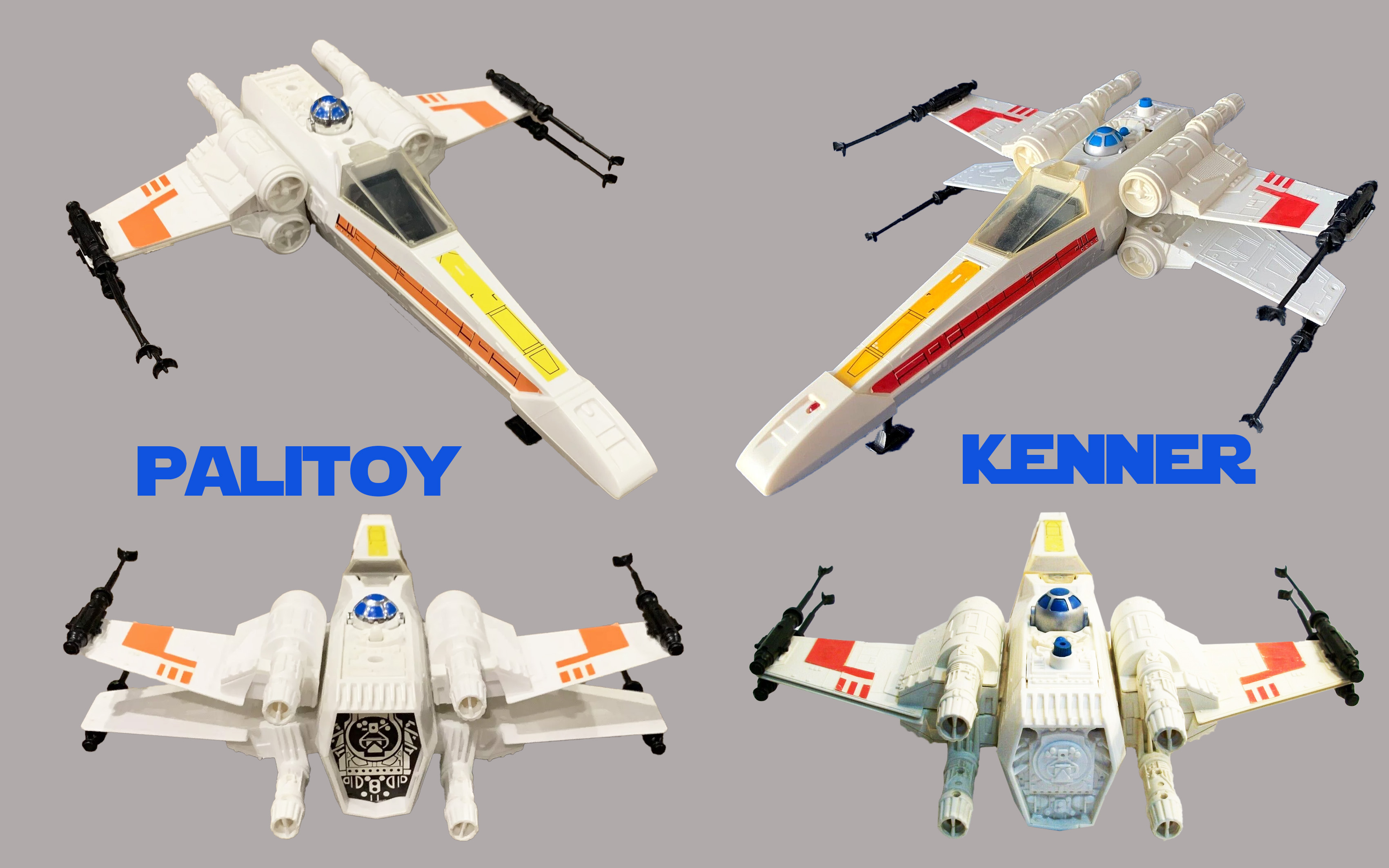 The Palitoy X-Wing differs from the US released X-Wings in a few ways, including a white button and a rear sticker.
